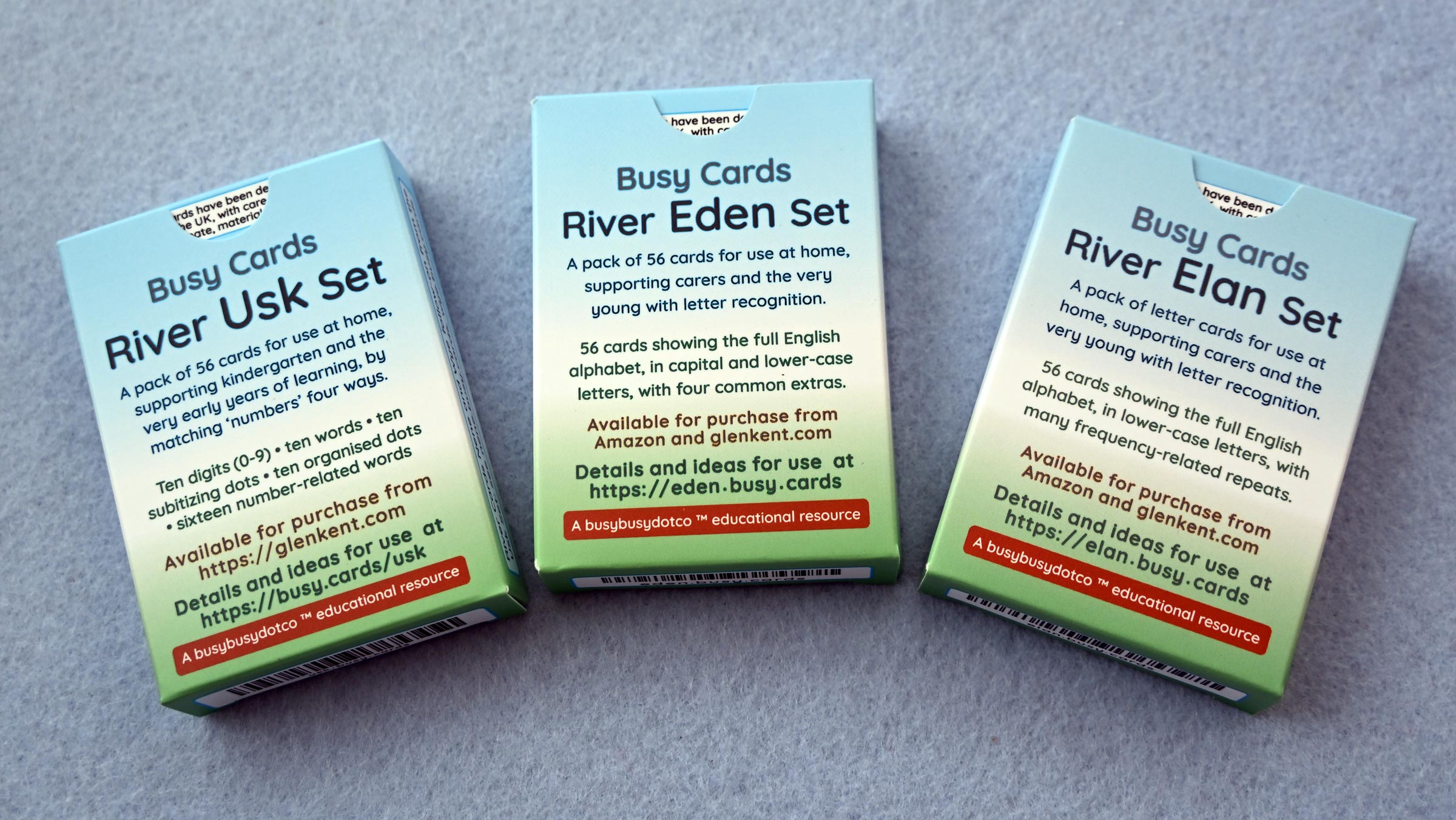 Three sets of busy.cards ~<br>We are are using various river names as labels: Usk, Eden, and Elan are shown here
